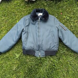 Vintage Flight Jacket Blue Nylon Bomber‎ Faux Fur Collar Quilted Lining Mens XL